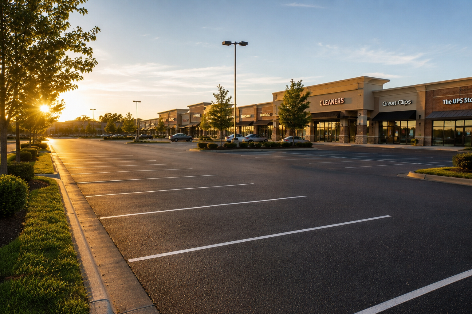 Clean commercial parking lot at sunrise after Metro Lot Care service